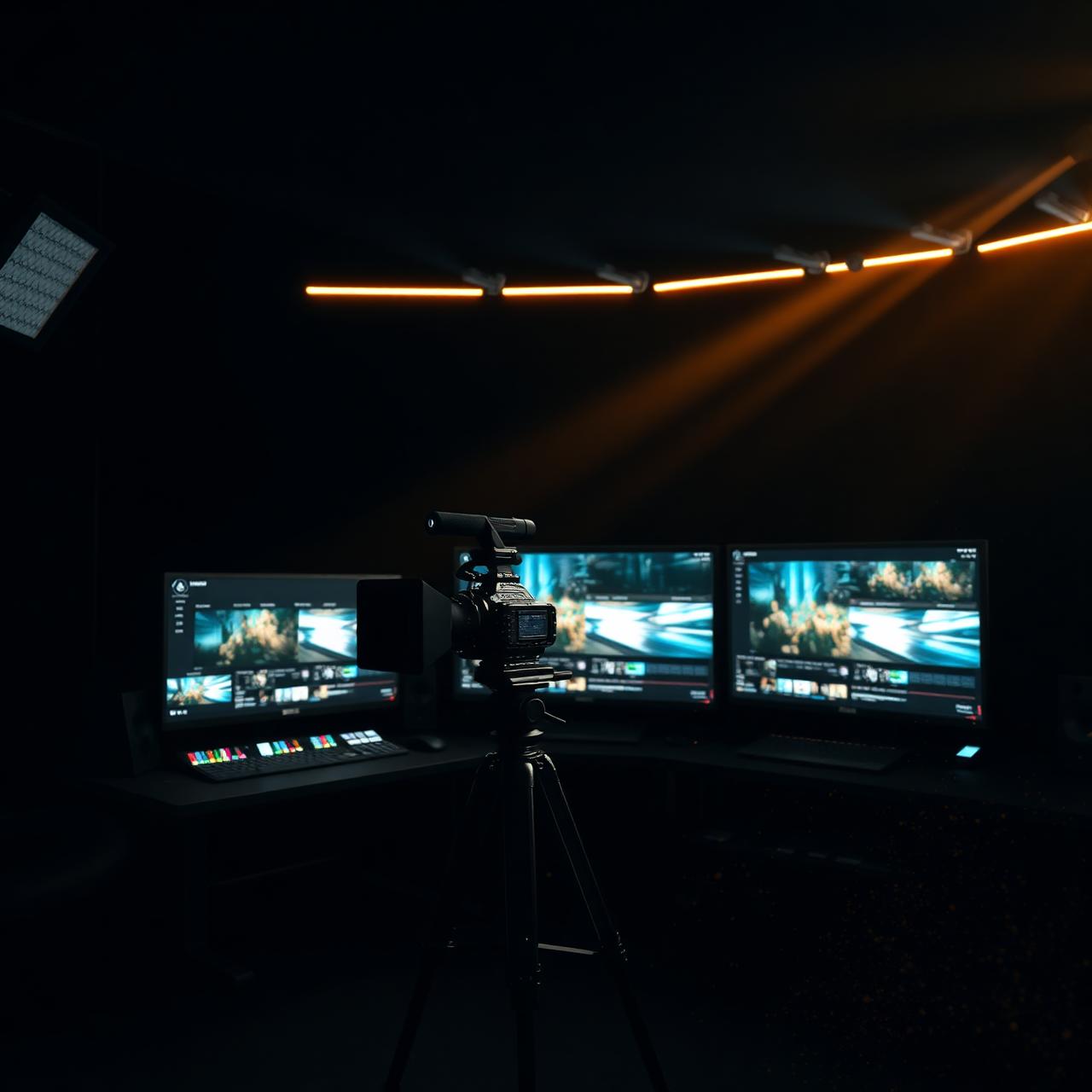 Premium creative studio with cinema cameras and color-graded editing displays
